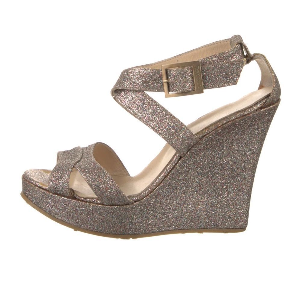 Jimmy Choo Penny Gold Glitter Strappy Wedge Sandals Size 39 US 8.5